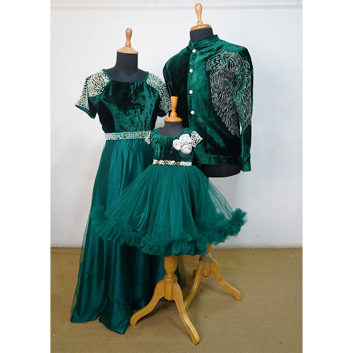 Emerald Green Velvet Family Matching Outfit Set  Men Sherwani, Women Gown & Girl Party Dress