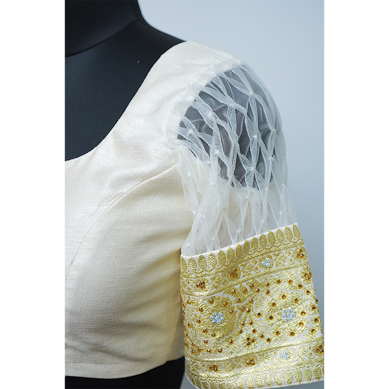 "Graceful Ivory Stonework Blouse with Heart-Cut Back"