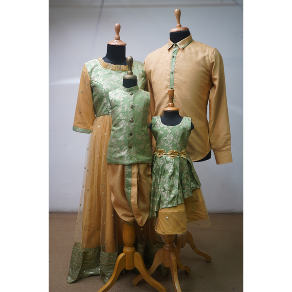 Family Matching Ethnic Wear Set  Green & Gold Brocade Designer Outfits for Men, Women, Boys & Girls