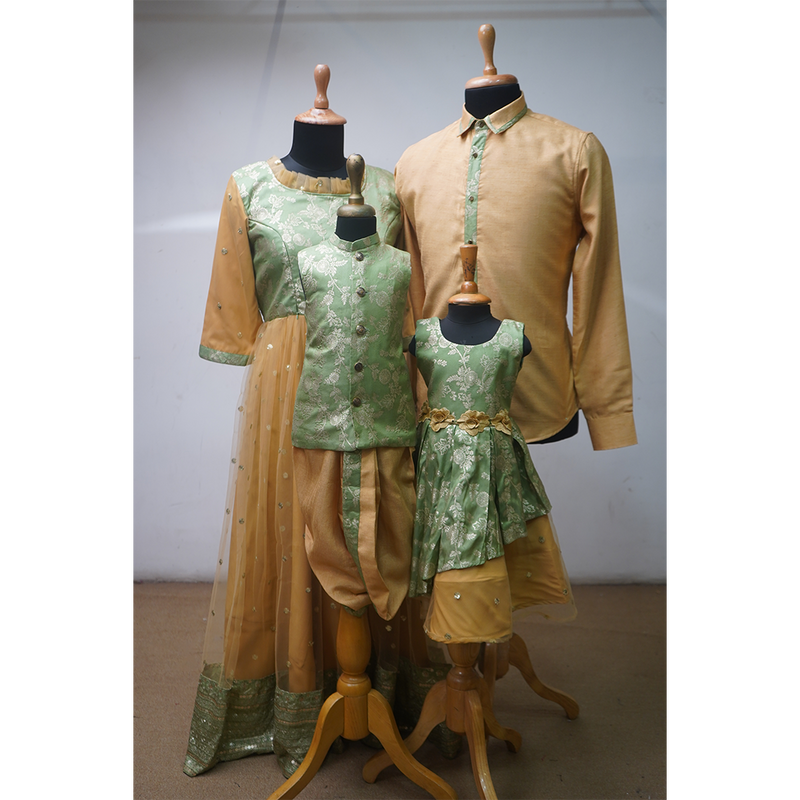 Family Matching Ethnic Wear Set  Green & Gold Brocade Designer Outfits for Men, Women, Boys & Girls