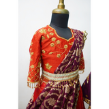 Royal Banarasi Kids Sibling Set – Red & Purple Lehenga Saree Dress for Girl + Purple Kurta Dhoti Set for Boy