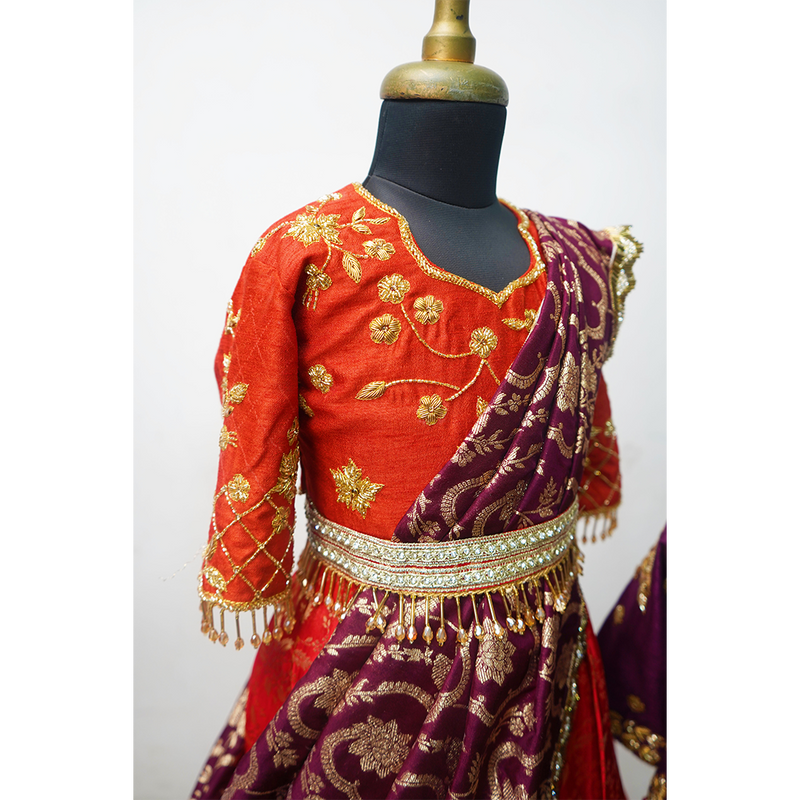 Royal Banarasi Kids Sibling Set – Red & Purple Lehenga Saree Dress for Girl + Purple Kurta Dhoti Set for Boy