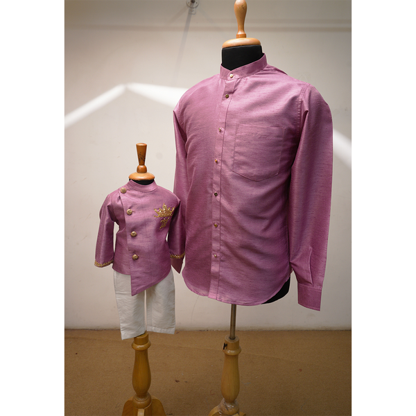 Father–Son Matching Ethnic Wear Set – Pink Mandarin Collar Shirt & Kids Jodhpuri Suit