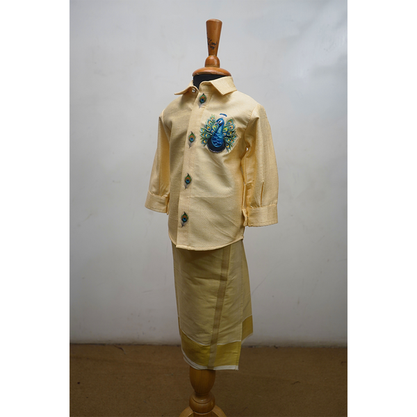 Boys Cream Embroidered Shirt & Dhoti Set  Traditional Festive Ethnic Wear for Kids