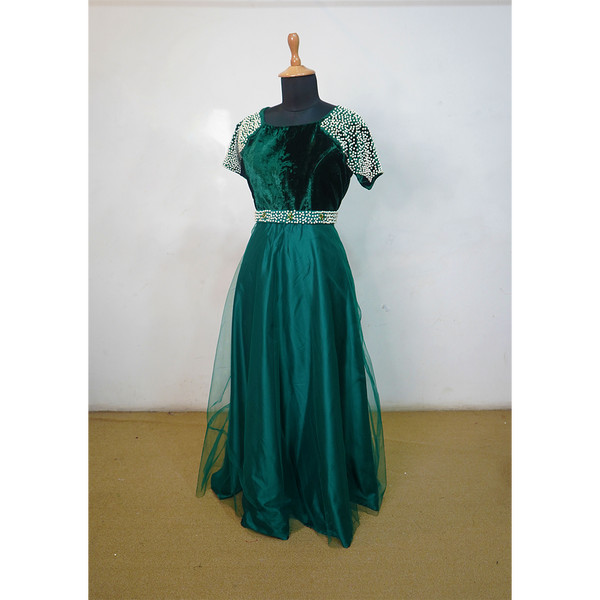Emerald Green Velvet & Net Embellished Party Gown for Women