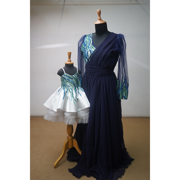 Elegant Navy Blue Mother–Daughter Matching Gown Set with Sequin Embroidery