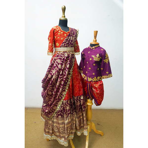 Royal Banarasi Kids Sibling Set – Red & Purple Lehenga Saree Dress for Girl + Purple Kurta Dhoti Set for Boy