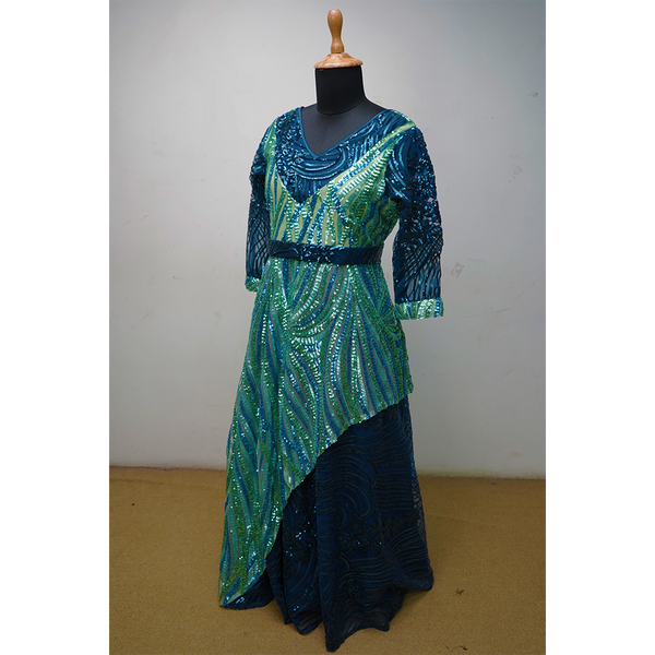 Blue & Green Sequin Embroidered Party Gown for Women – Asymmetric Designer Evening Dress