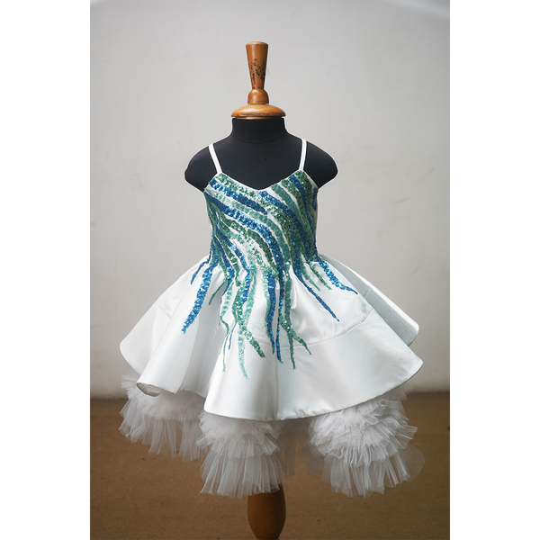 White & Aqua Blue Sequin Party Dress for Girls with Layered Tulle Skirt