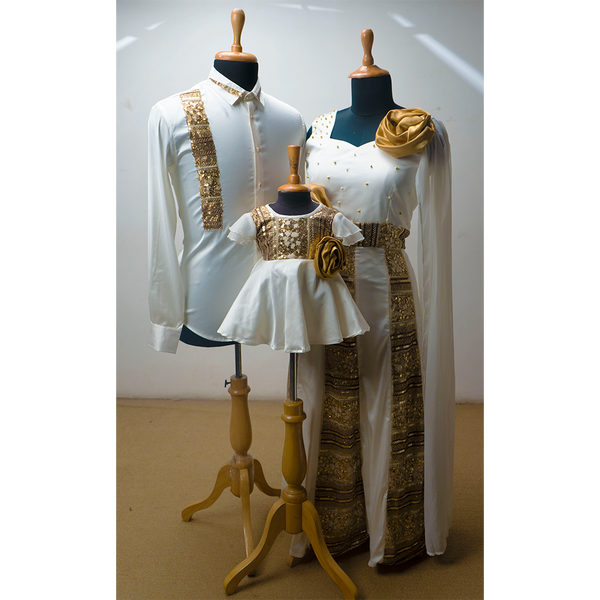 Royal White & Gold Family Matching Outfit Set – Mom, Dad & Daughter Ethnic Party Wear
