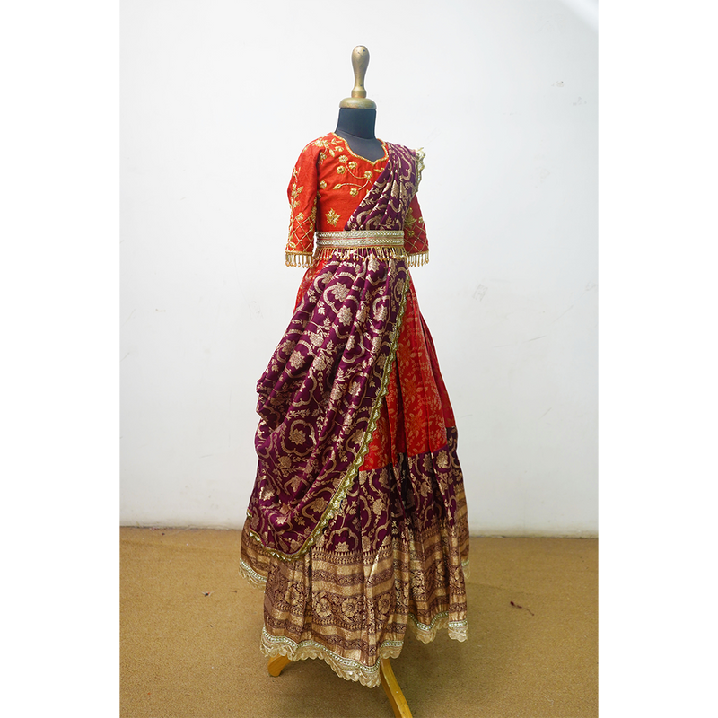 Royal Banarasi Kids Sibling Set – Red & Purple Lehenga Saree Dress for Girl + Purple Kurta Dhoti Set for Boy