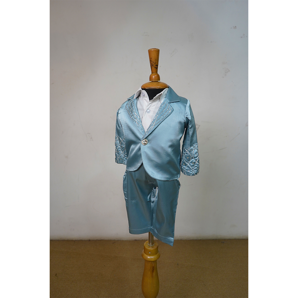 Baby Boys’ Sky Blue Embroidered Suit Set | Premium Party Wear Blazer & Shorts Set