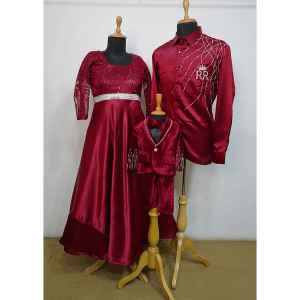 Maroon Royal Family Matching Outfit Set  Father–Mother–Son Coordinated Festive Wear