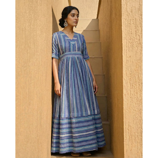 Indigo Stream Striped Cotton Maxi Dress