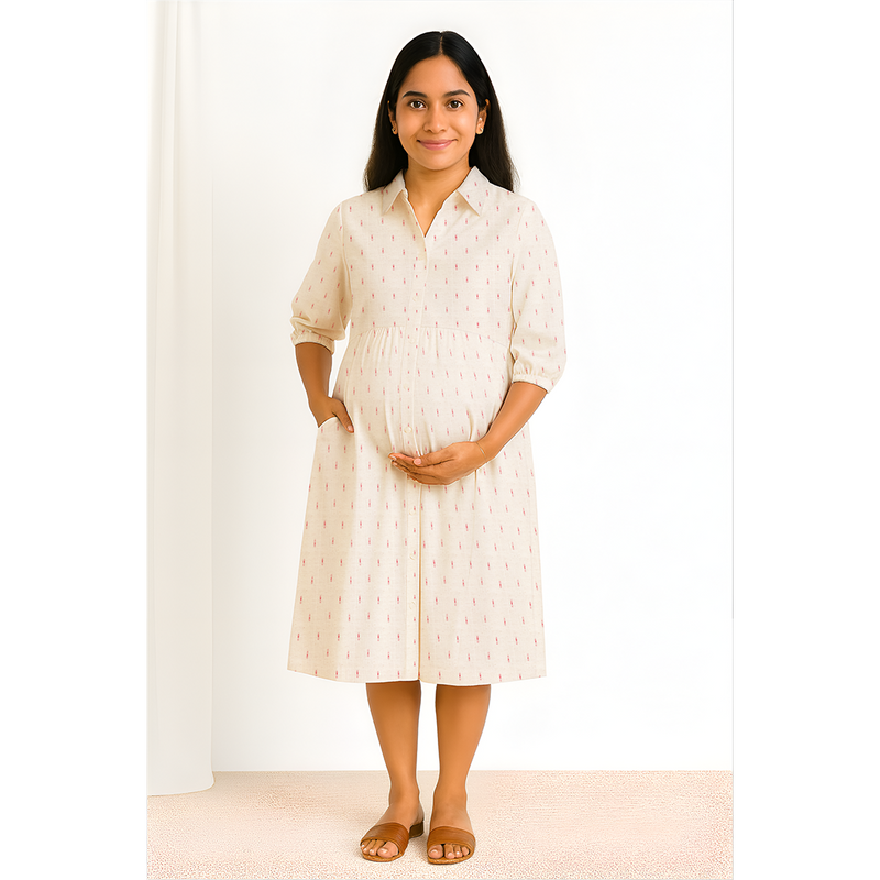 Cream Ikat Soft Cotton Customised Maternity Wear.