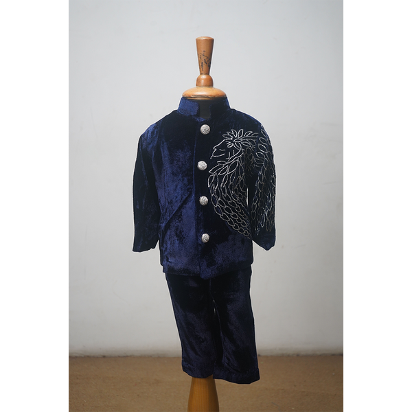 Luxury Boys Velvet Indo Western Set in Royal Blue with Hand Embroidery  Festive & Wedding Collection.