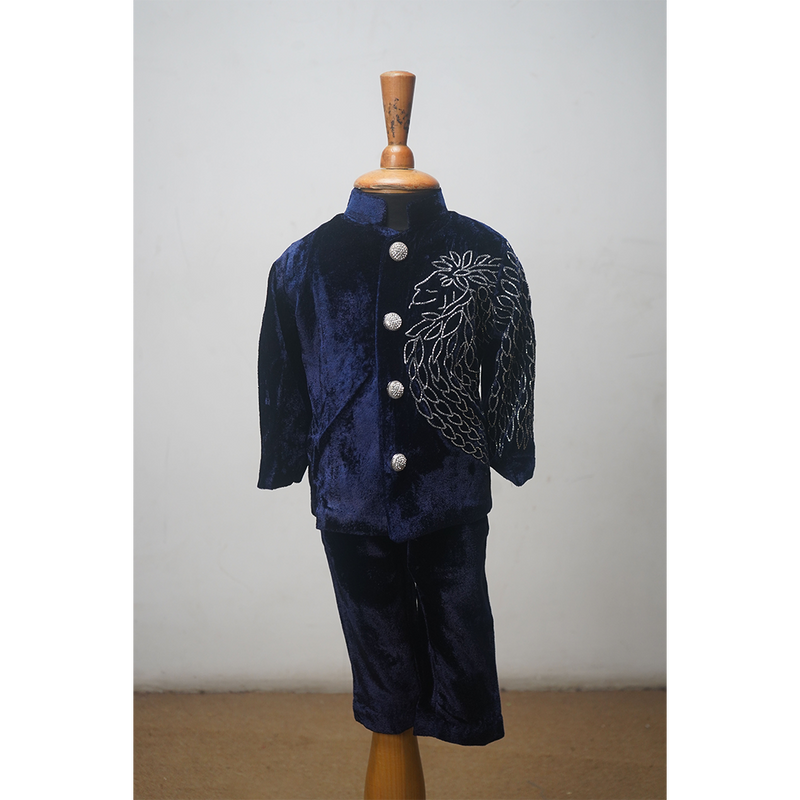 Luxury Boys Velvet Indo Western Set in Royal Blue with Hand Embroidery  Festive & Wedding Collection.