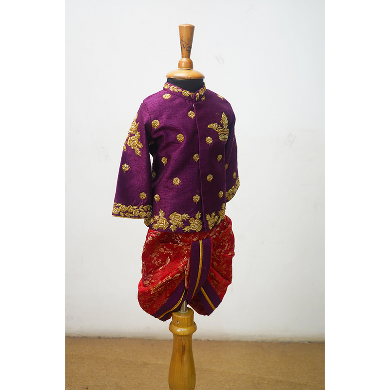 Royal Banarasi Kids Sibling Set – Red & Purple Lehenga Saree Dress for Girl + Purple Kurta Dhoti Set for Boy