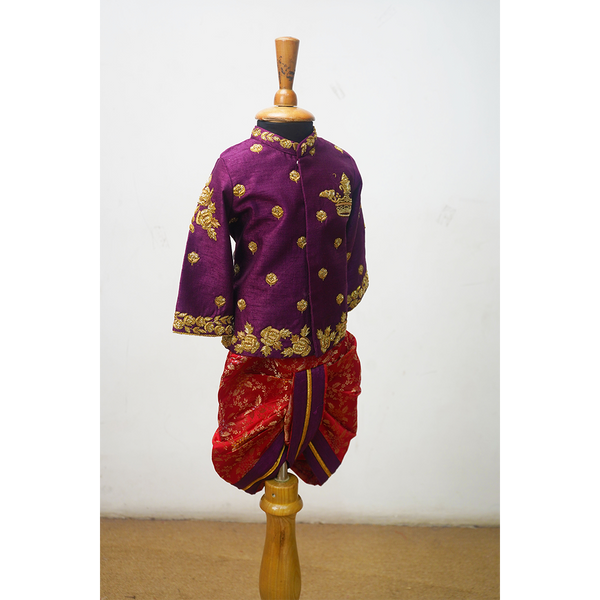 Royal Banarasi Kids Sibling Set – Red & Purple Lehenga Saree Dress for Girl + Purple Kurta Dhoti Set for Boy