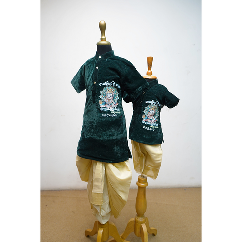 Kids Traditional Velvet Krishna Print Kurta & Golden Dhoti Set – Festive Ethnic Wear for Boys