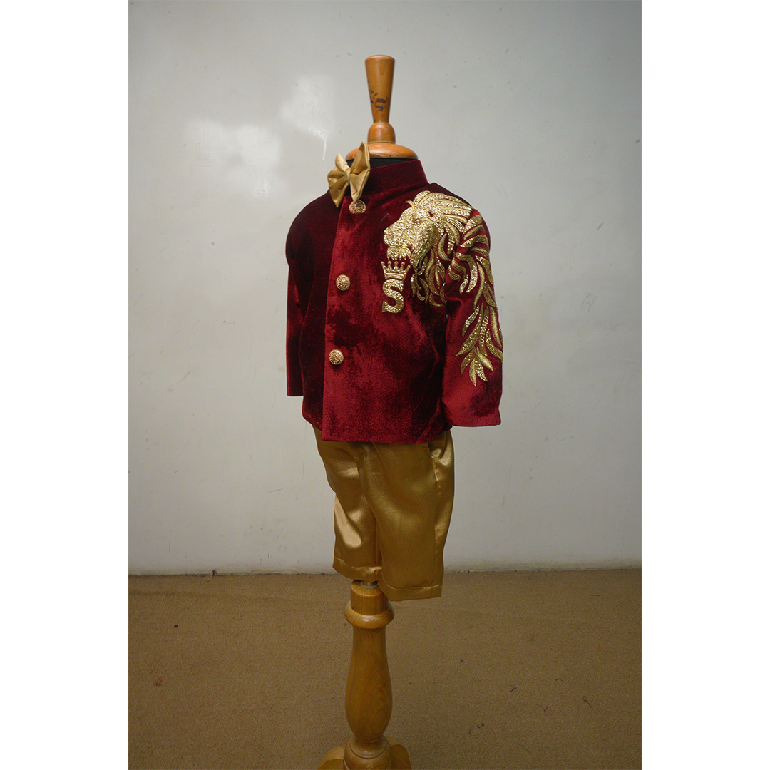 Boys' Maroon Velvet Sherwani with Gold Embroidered Motif main image 1