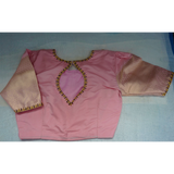Pink Silk Blouse with Cut-Out Neckline & Brocade Sleeves  Designer Saree Blouse