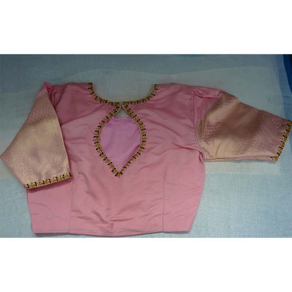 Pink Silk Blouse with Cut-Out Neckline & Brocade Sleeves  Designer Saree Blouse