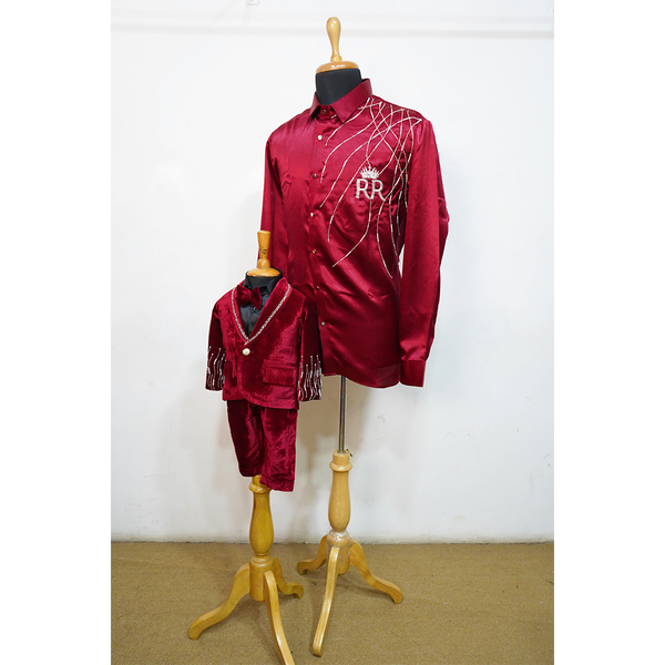 Maroon Father–Son Matching Festive Outfit  Premium Satin Shirt & Velvet Kids Suit Set