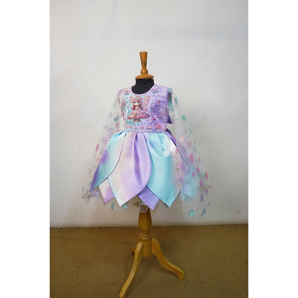 Girls Pastel Fairy Party Dress with Floral Net Sleeves & 3D Applique  Birthday & Party Wear Frock
