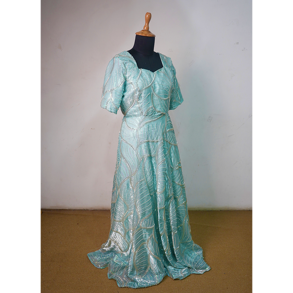 Elegant Mint Green Sequin Embroidered Long Gown – Premium Party & Occasion Wear Dress for Women