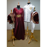 Royal Maroon & White Family Matching Ethnic Outfit Set  Festive Couple & Kids Coordinated Dress  Velvet Jacket Kids Set & Embroidered Gown Combo