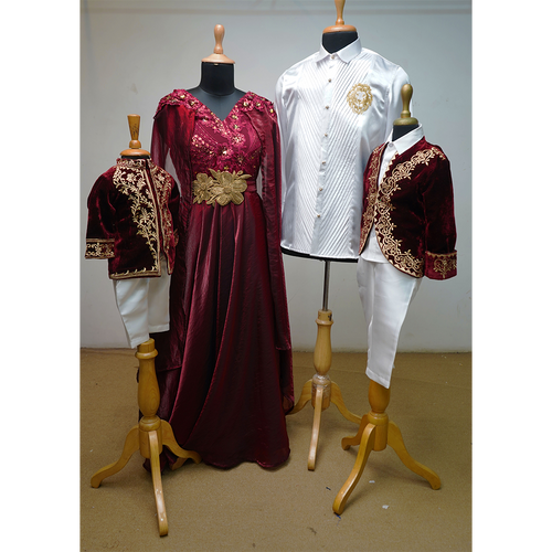 Royal Maroon & White Family Matching Ethnic Outfit Set  Festive Couple & Kids Coordinated Dress  Velvet Jacket Kids Set & Embroidered Gown Combo