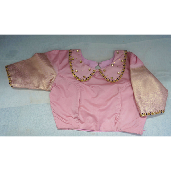 Pink Silk Blouse with Cut-Out Neckline & Brocade Sleeves  Designer Saree Blouse