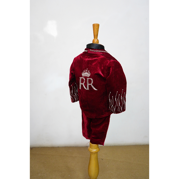 Maroon Father–Son Matching Festive Outfit  Premium Satin Shirt & Velvet Kids Suit Set
