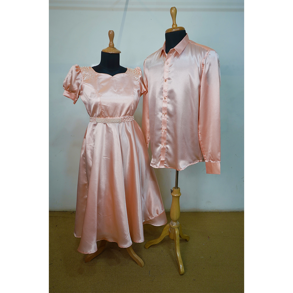 Blush Peach Satin Couple Matching Outfit  Dress & Shirt Set
