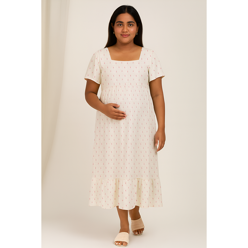 Cream Ikat Soft Cotton Customised Maternity Wear.