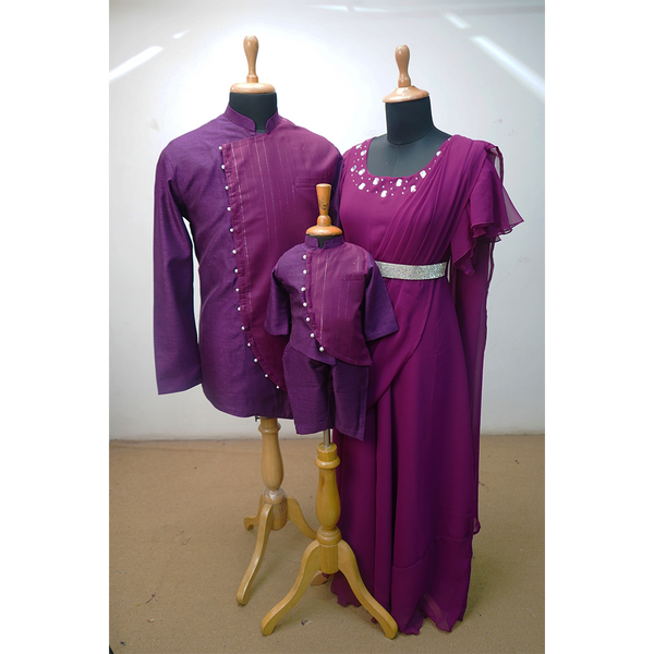 Family Matching Purple Ethnic Outfit Set – Dad Kurta, Mom Gown & Baby Kurta Pajama | Premium Celebration Wear