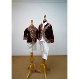 Royal Maroon & White Family Matching Ethnic Outfit Set  Festive Couple & Kids Coordinated Dress  Velvet Jacket Kids Set & Embroidered Gown Combo