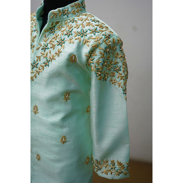 Mint Green Silk Sherwani With Gold Embroidery – Kids Ethnic Wear