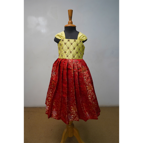Girls Festive Brocade & Silk Party Wear Dress  Yellow Bodice with Red Floral Skirt