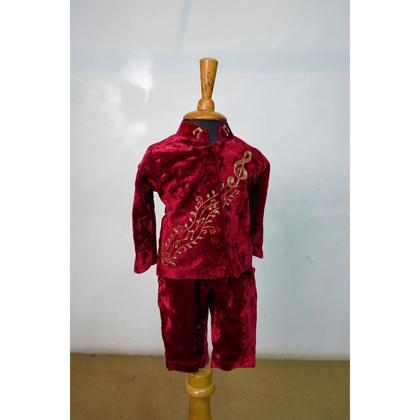 Crimson Velvet Boys Ethnic Set with Gold Embroidery