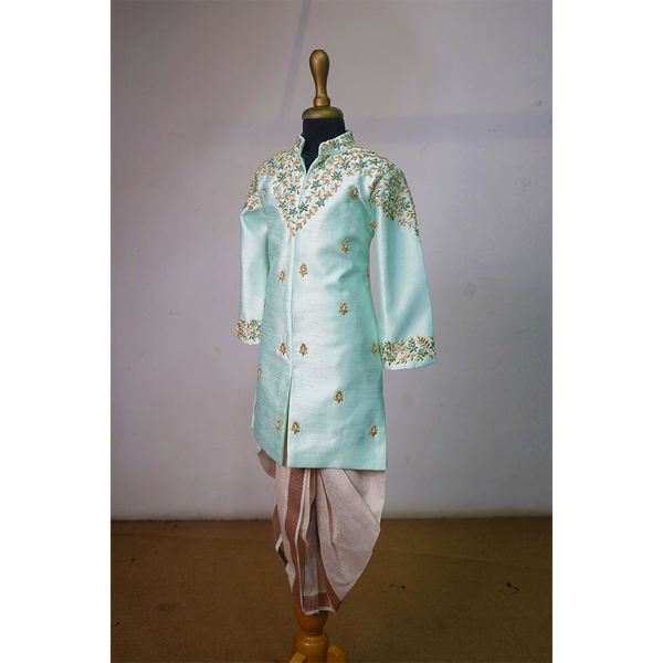 Mint Green Silk Sherwani With Gold Embroidery – Kids Ethnic Wear