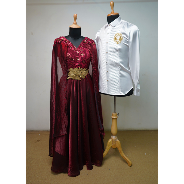Royal Maroon & White Family Matching Ethnic Outfit Set  Festive Couple & Kids Coordinated Dress  Velvet Jacket Kids Set & Embroidered Gown Combo