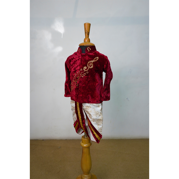 Crimson Velvet Boys Dhoti Set with Gold Embroidery