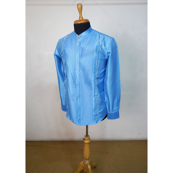 Sky Blue Pleated Mandarin Collar Ethnic Shirt for Men