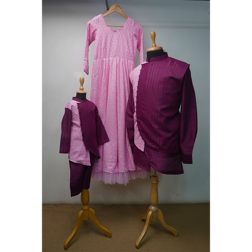 Pink & Wine Embroidered Family Combo – Mom, Dad & Son Matching Outfits