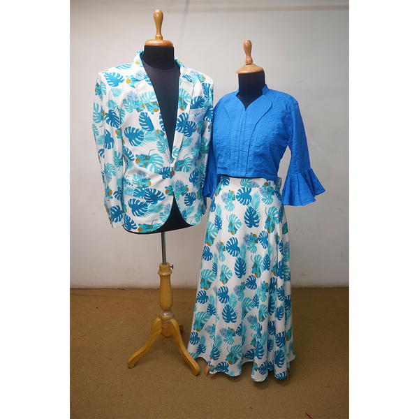 Tropical Leaf Couple Outfit Set Blue & White Matching Couple Combo