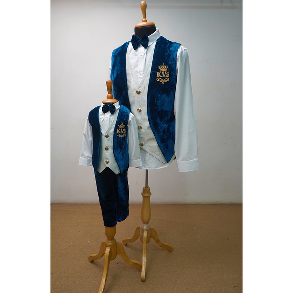 Royal Blue Velvet Family Matching Outfit Set | Mom–Dad–Son Twinning Wear
