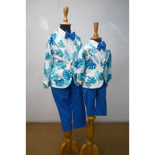 Tropical Leaf Boys Blazer Set  Blue Printed Kids Party Outfit