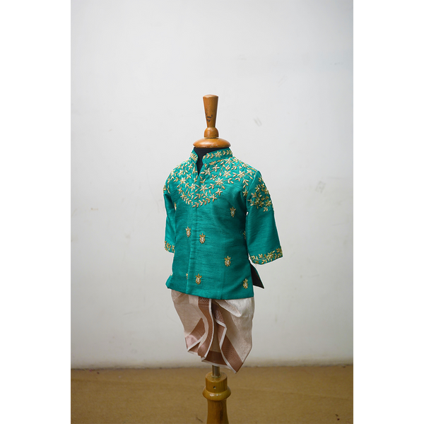 Golden Embroidered Teal Sherwani With Dhoti – Kids Ethnic Wear